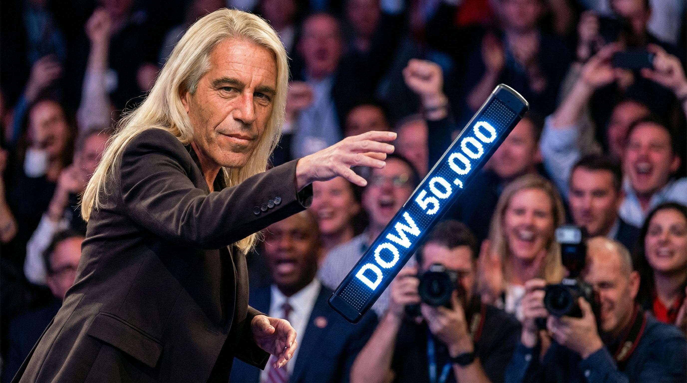 PAMSTEIN holding DOW 50,000 sign in front of cheering crowd